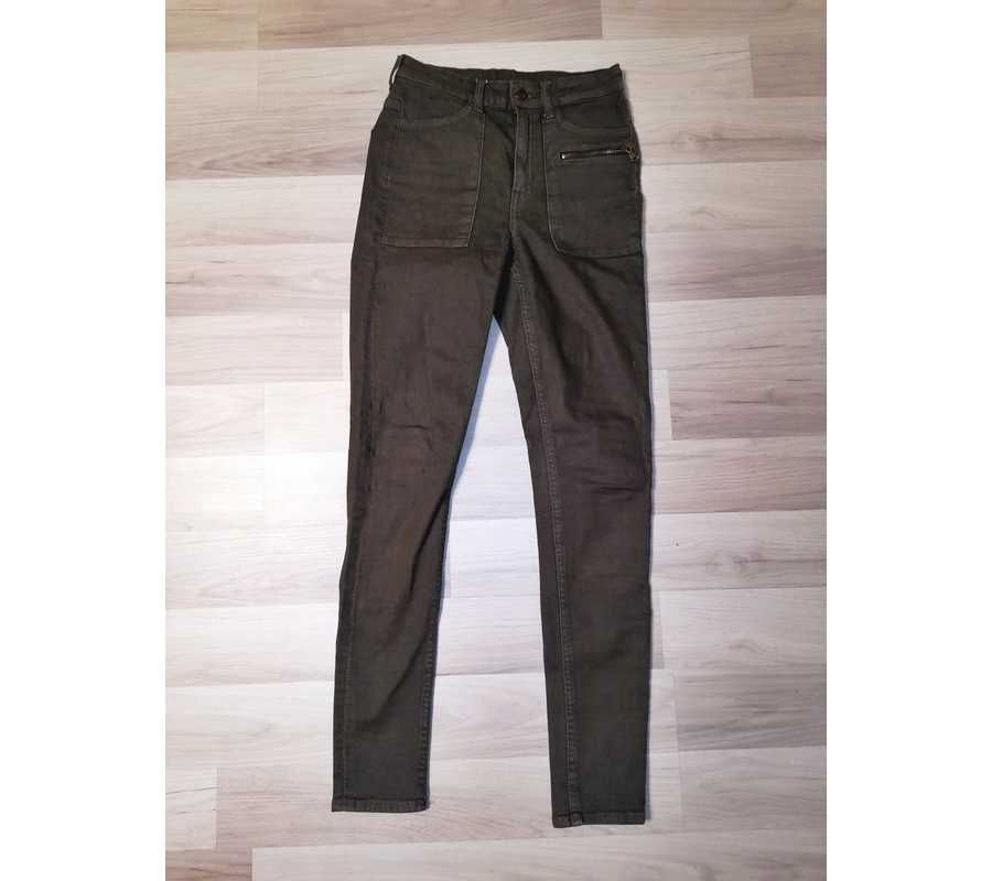 Khaki spodnie z wysokim stanek bojówki H&M 36 S zielone skinny rurki