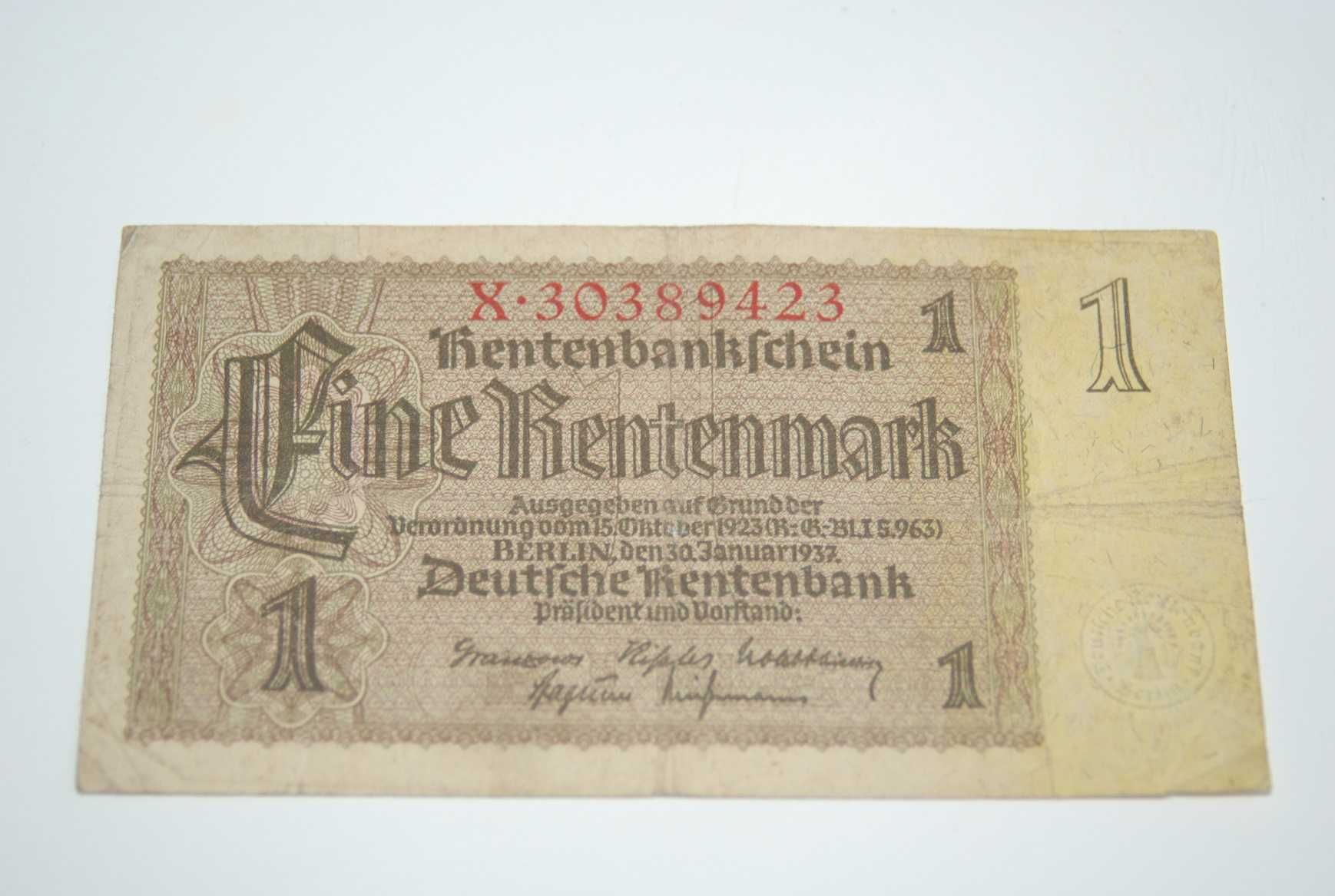 Stary banknot 1 marka fine rentenmark 1937r antyk