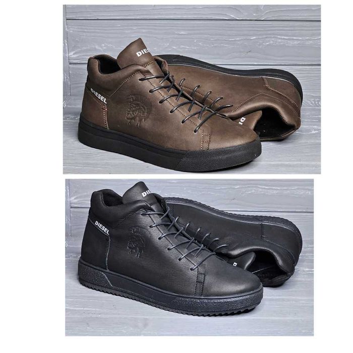 40-48р Мужские кожаные черные коричневые зимние кроссовки ботинки кеды