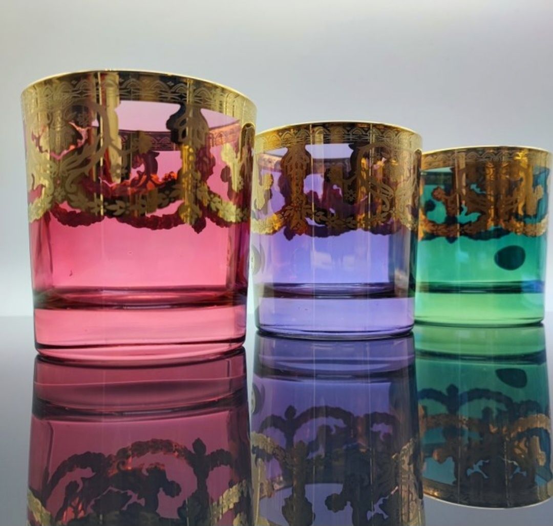 Luxuoso conjunto de 6 copos em cristal de Murano e decorações a our