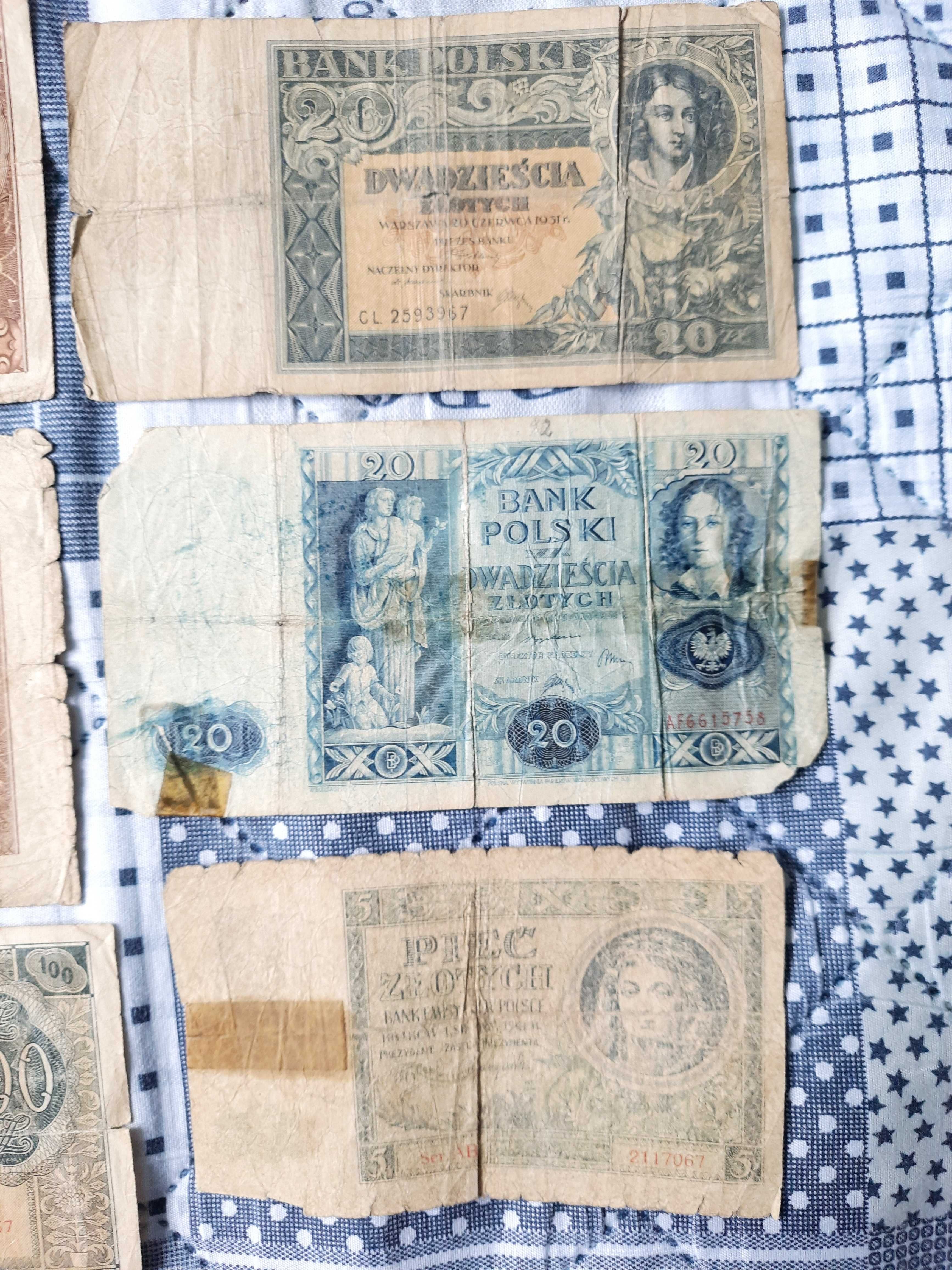 stare polskie banknoty okupacja niemiecka PRL 5,20,100 zł 1931,1936 r