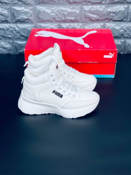 Белоснежные зимние Puma с меховой подкладкой / Кожаные белые кросовки