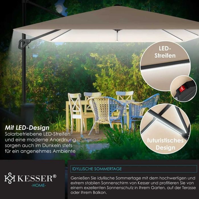 Parasol ogrodowy z oświetleniem LED 300x300x235cm UV obrotowy beżowy