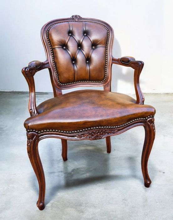 UROCZY Francuski Fotel Ludwik XV Skóra Naturalna Lite Drewno WYSYŁKA