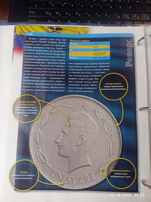 Монета 1 сукре Республики Эквадор