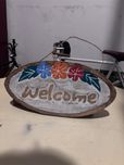 Placa, sinal welcome de madeira