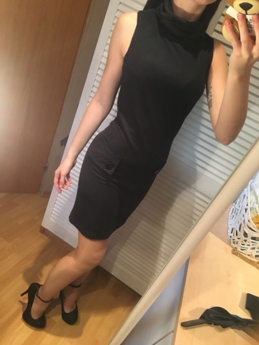 Sukienka czarna przed kolano granatowy wzór golfik Top Secret 34 XS