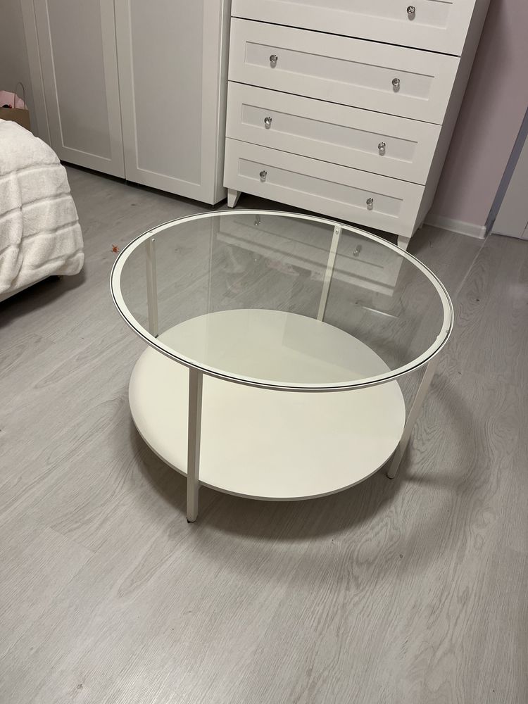 Stolik biały okrągły szklany ława