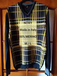 NOWY  Made in Italy, Elegancki męski sweter, 50% Merino, Rozmiar M/L