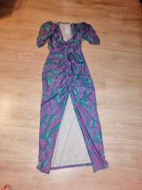 Sukienka długa fioletowo - turkusowa