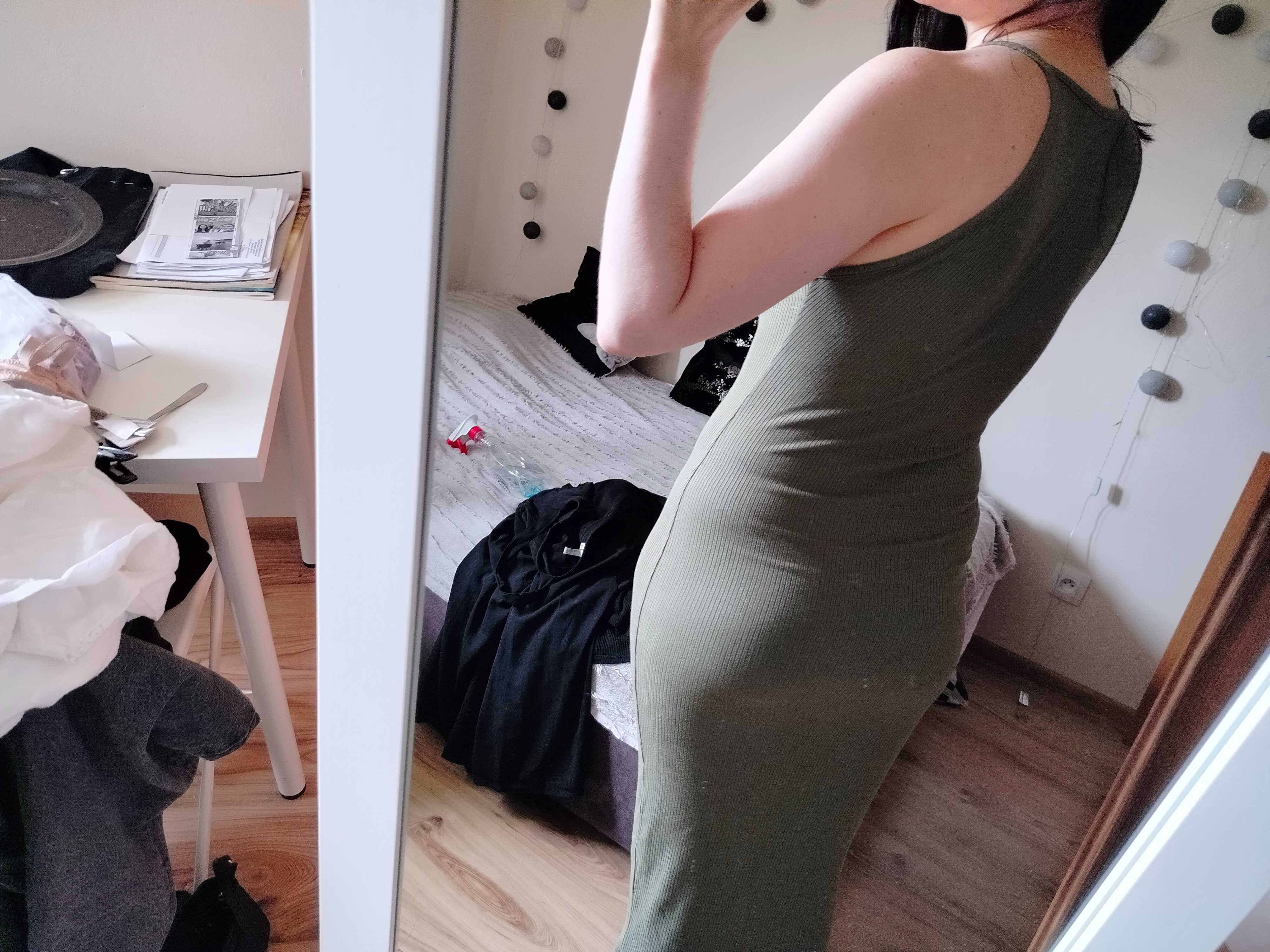 Sukienka MIDI długa khaki prążkowana S M halter