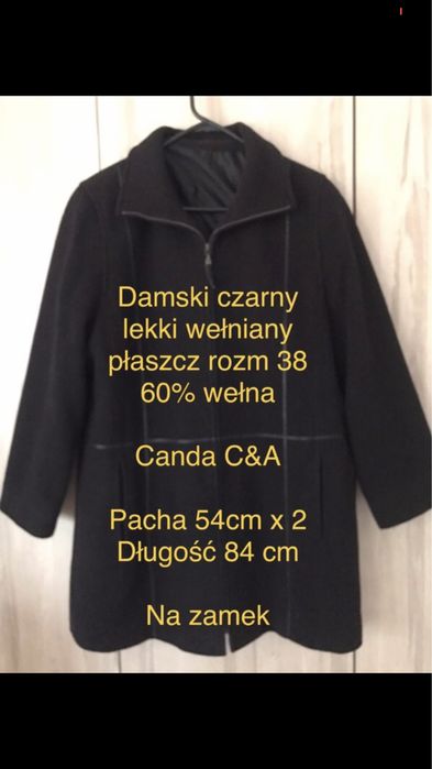 Canda C&A 38 Damski czarny lekki wełniany płaszcz na zamek 55% wełna