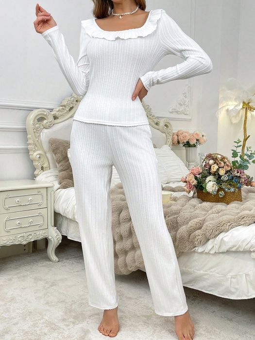 Piżama Komplet Domowy Prążkowany Biały Koszulka Spodnie Shein S 36