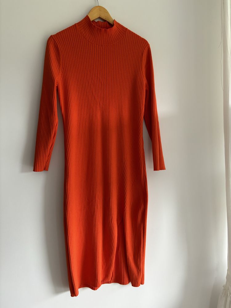 H&M pomarańczowa dzianinowa sukienka MIDI Ołówkowa L 40 prążek