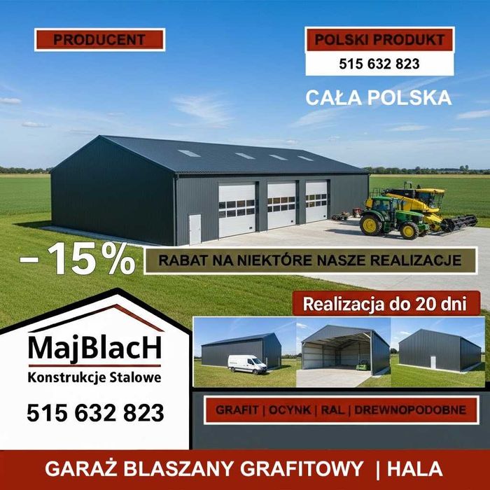 Grafitowy Garaż Blaszany Dwuspadowy RAL Wiata Gospodarcza  - Maj-Blach
