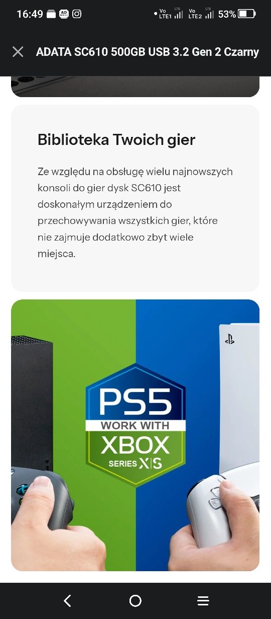 ADATA SC610 500GB USB 3.2 Gen 2 Czarny Xbox s x ps5 laptop komputer