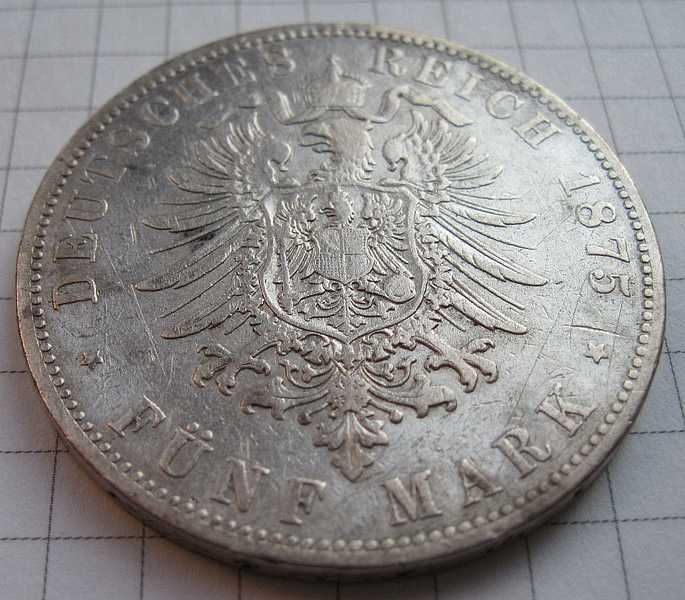 5 марок 1875 року, Гамбург, старий герб, срібло
