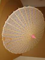 Chińska parasolka przeciwsłoneczna z lat 60., tkanina i drewno.