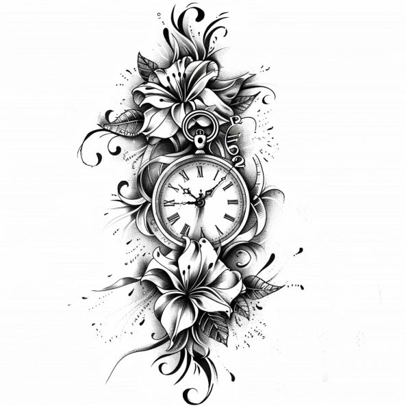 Tatuaż Na Lato Tymczasowy - Zmywalny - Time Kwiaty Klepsydra Czas