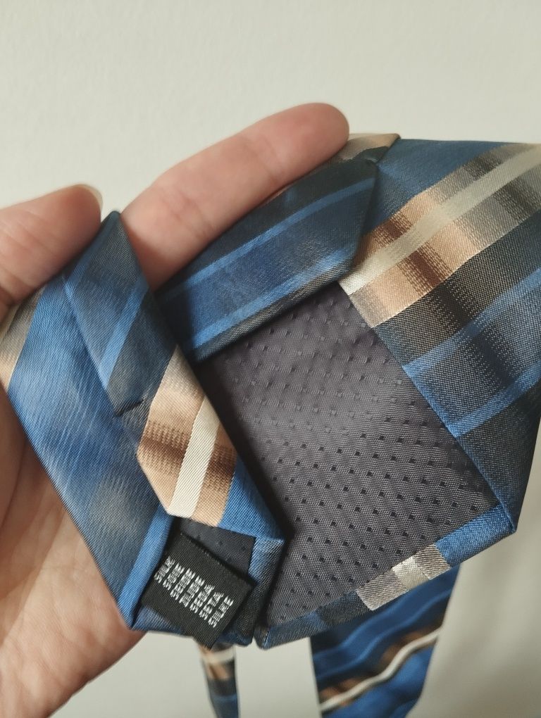 Krawat jedwabny 100% silk, 9cm, beżowy, granatowy, w paski