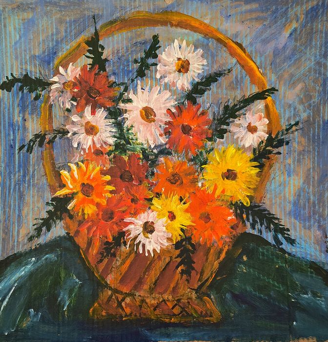 Kwiaty w koszyku – minimalistyczny akryl na kartonie