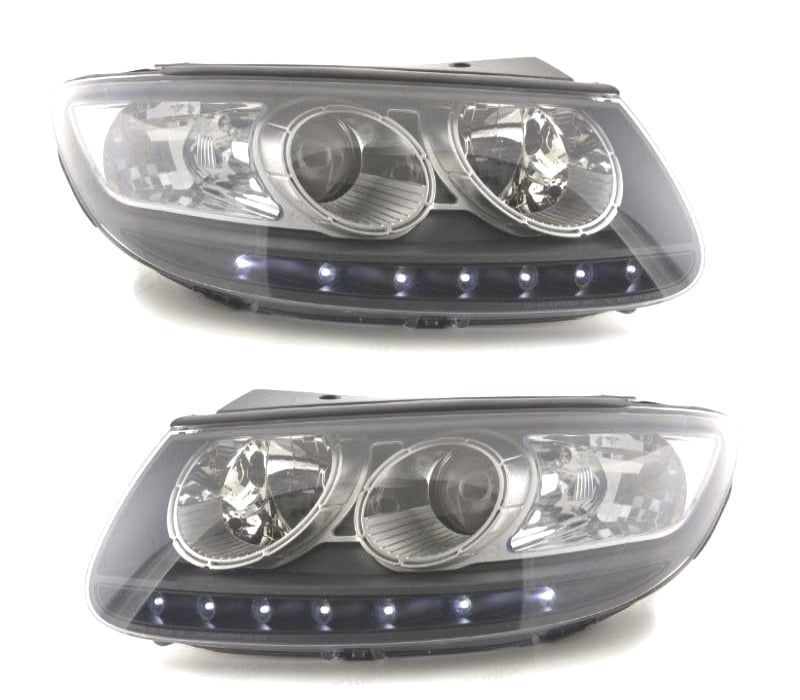 FARÓIS HYUNDAI SANTA FE 06-11 OLHOS DE ANJO LUZ DIURNA FUNDO NEGRO