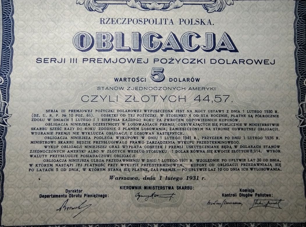 II RP Obligacja wartości 5 dolarów z 1931 roku