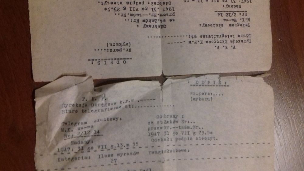 Z 1945 r. Potwierdzenia przyjęcia wniosku rejestracji szkód wojennych