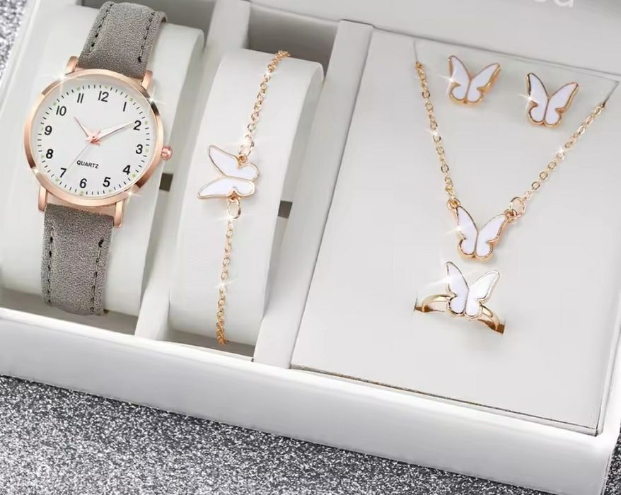 Komplet biżuterii plus zegarek ze skórzanym paskiem