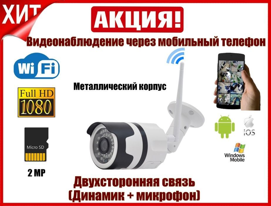 Комплект IP видеонаблюдения беcпроводной! WiFi камера УСТАНОВКА