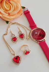 Przepiękny zestaw Sztucznej  biżuterii czerwone serce z zegarkiem