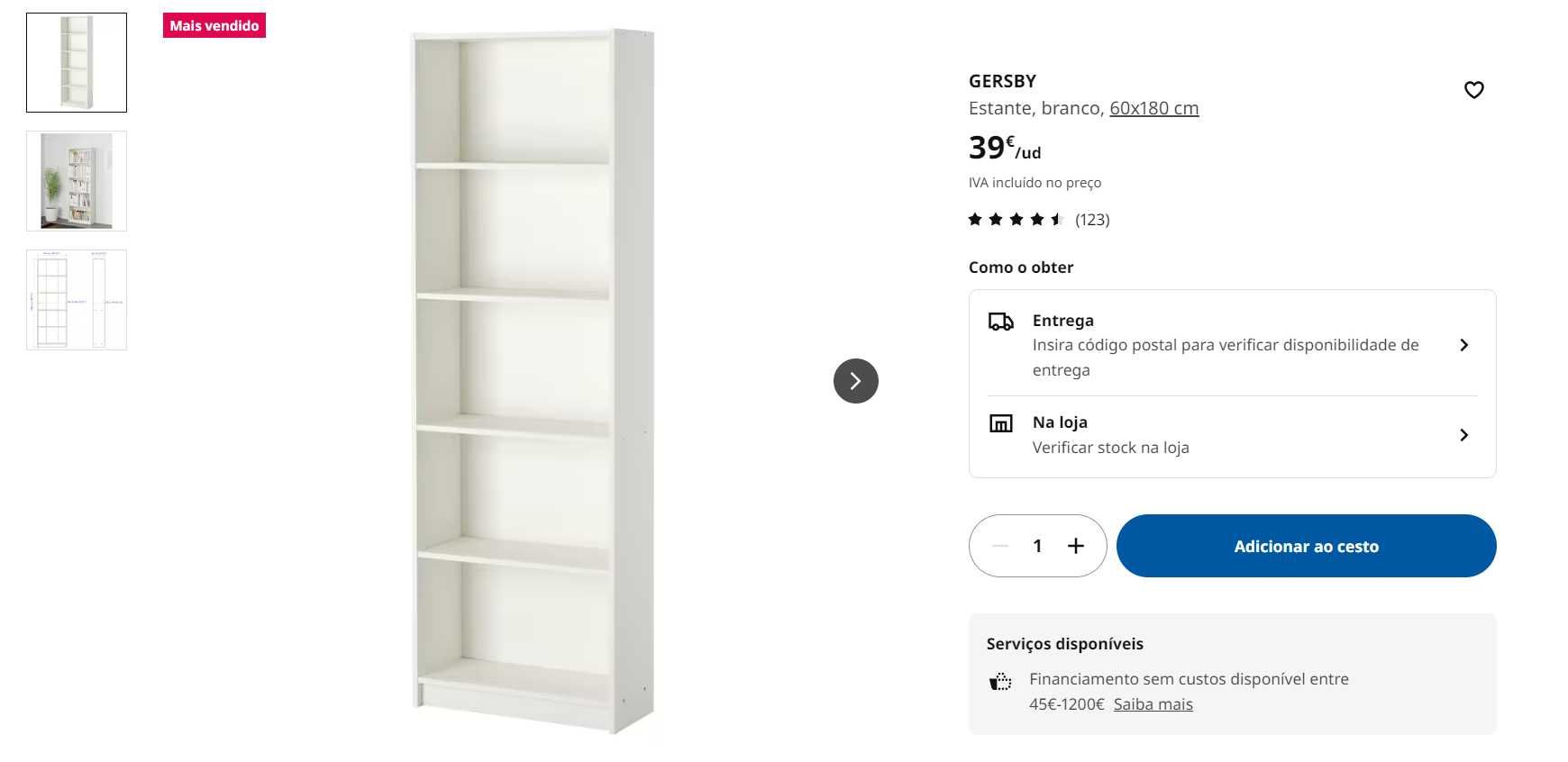 K: Estante branca do Ikea Gersby 60x180cm com 1 prateleira