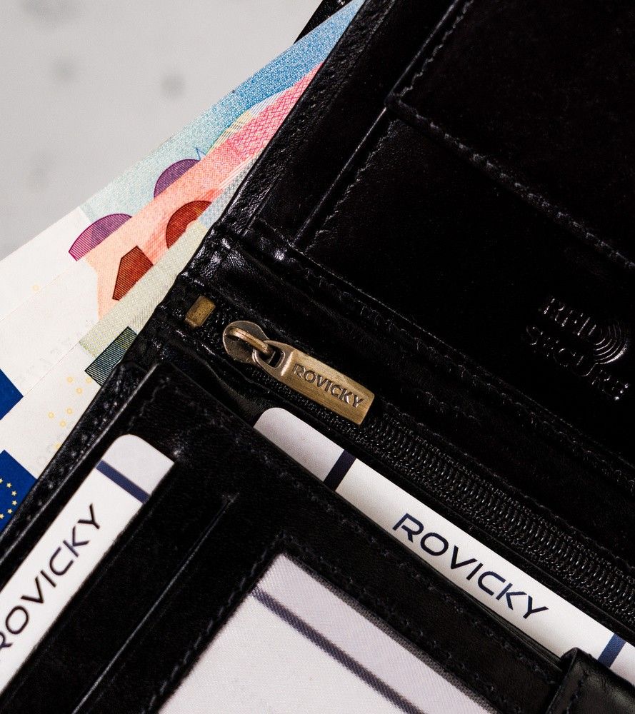 elegancki, skórzany portfel męski z czerwonym akcentem — rovicky