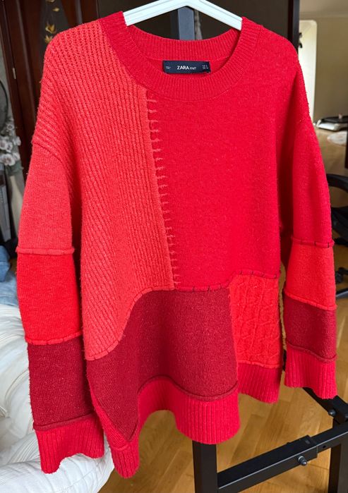 Яскравий червоний оверсайз печворк светр zara вʼязаний