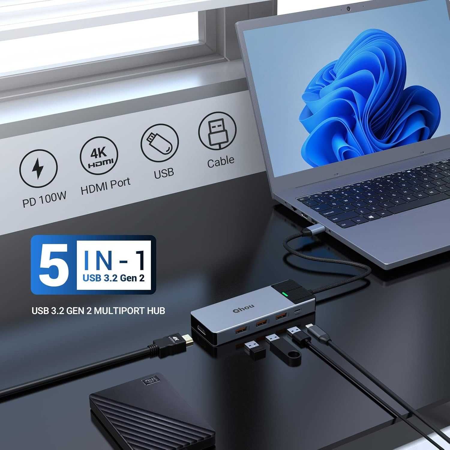 HUB 5 w 1 USB 3.2 USB C 4x 10GB 4K 60Hz 697