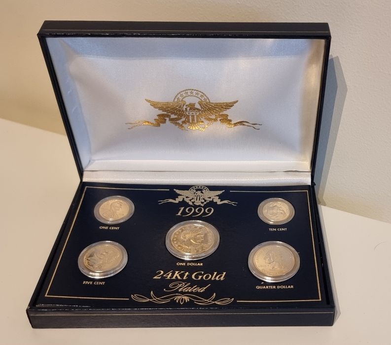 5 moedas de 1, 5, 10, 25 cents e 1 dólar 24Kt gold