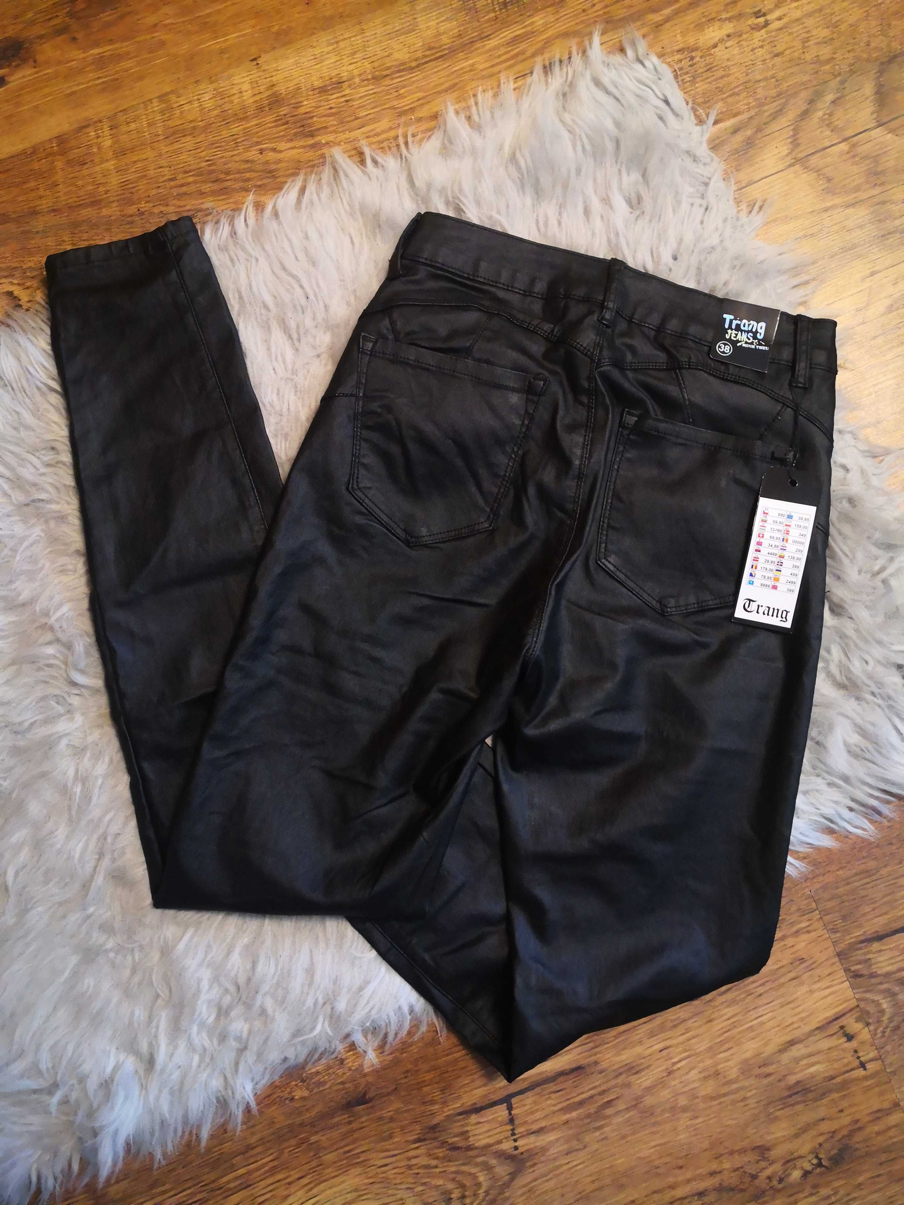 Woskowane czarne spodnie, 38, M, nowe, z metką