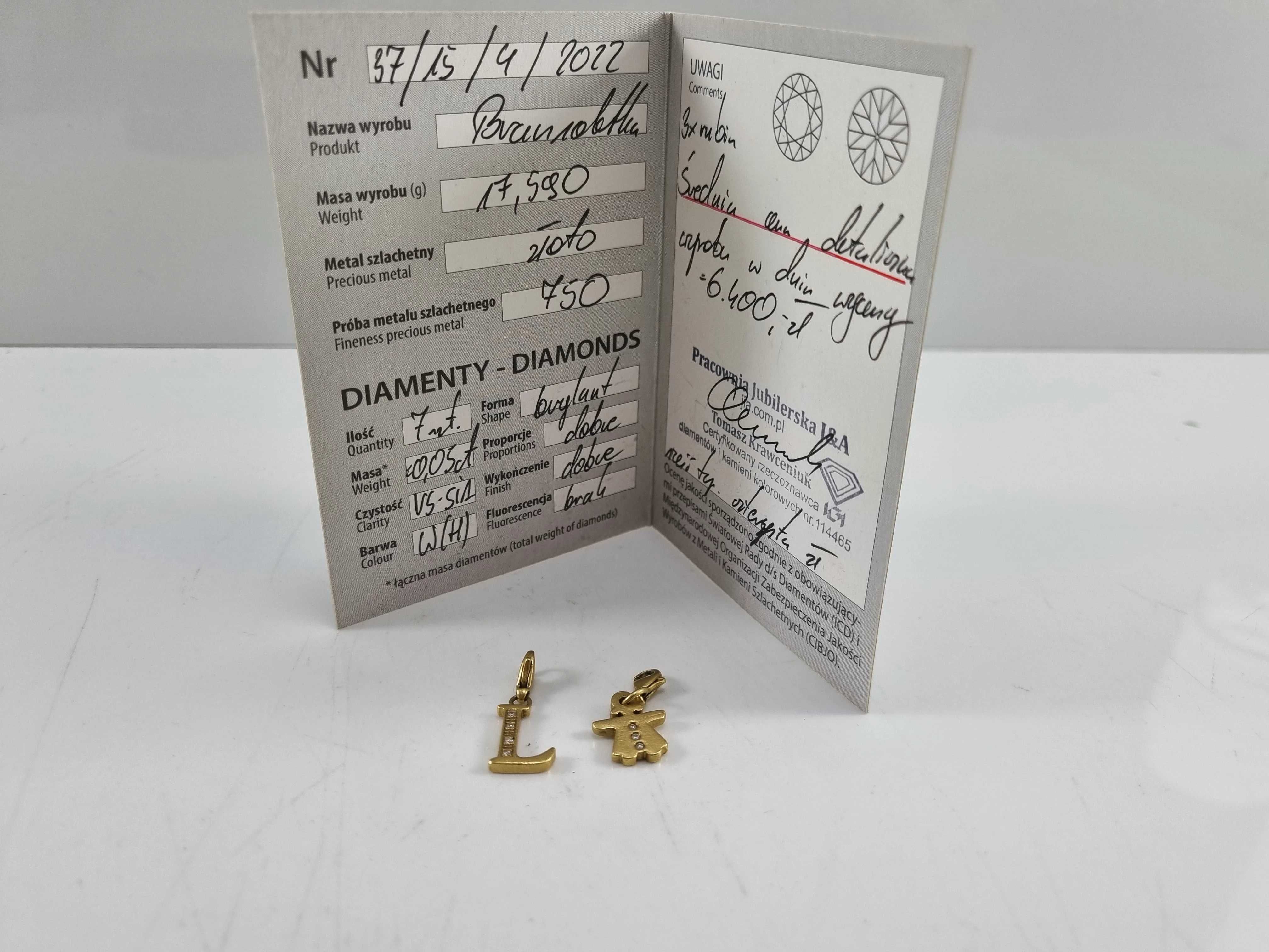 2 Złote Charmsy Rubiny Diamenty 0,05ct 750 5,13g