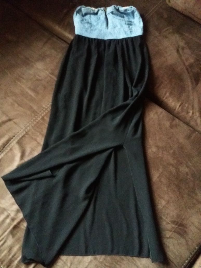 Długa sukienka suknia do ziemi do kostek bez ramiączek jeans M L