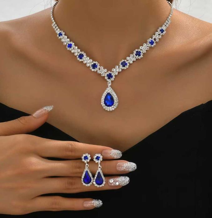 Komplet zestaw kropla naszyjnik kolczyki nowy niebieski okazja łezka