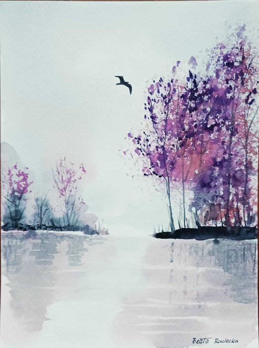 Akwarela Akwarelka Obraz pt. Nad Wodą 18 x 24 cm