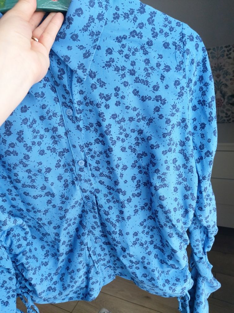 Damska Koszula niebieska Zara w drobne kwiatki wiązana regulowana XL