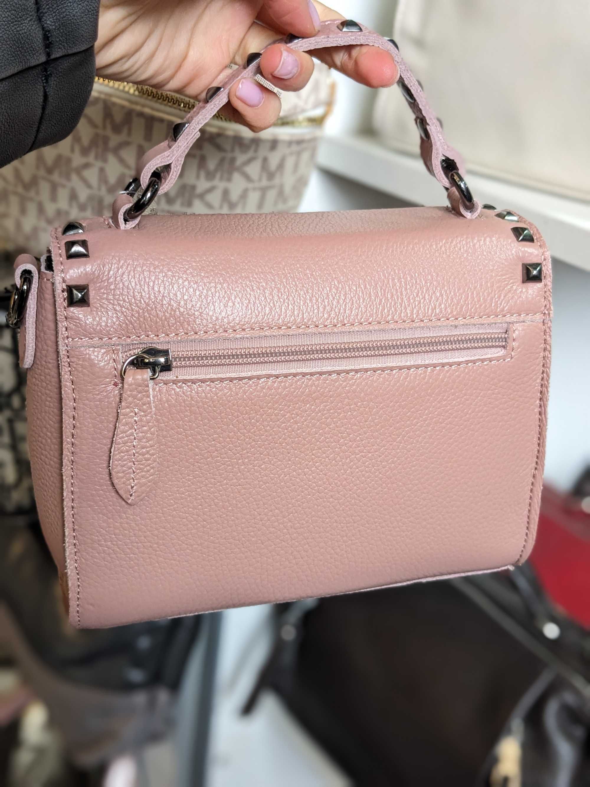 Гарна сумка, сумочка шкіряна рожева на довгій ручці