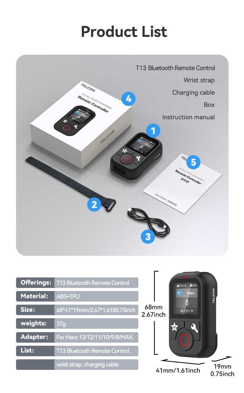 Wodoodporny pilot TELESIN Bluetooth do GoPro Hero 13/12/11/10/9/8