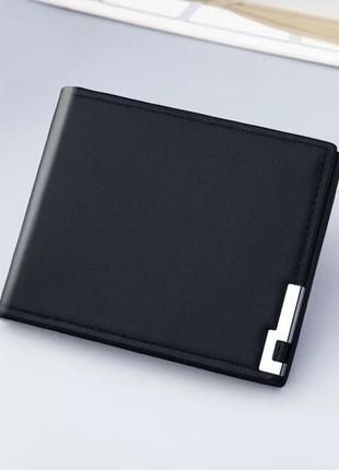 Мужской черный кошелёк ультратонкий из эко кожи с металическим уголком