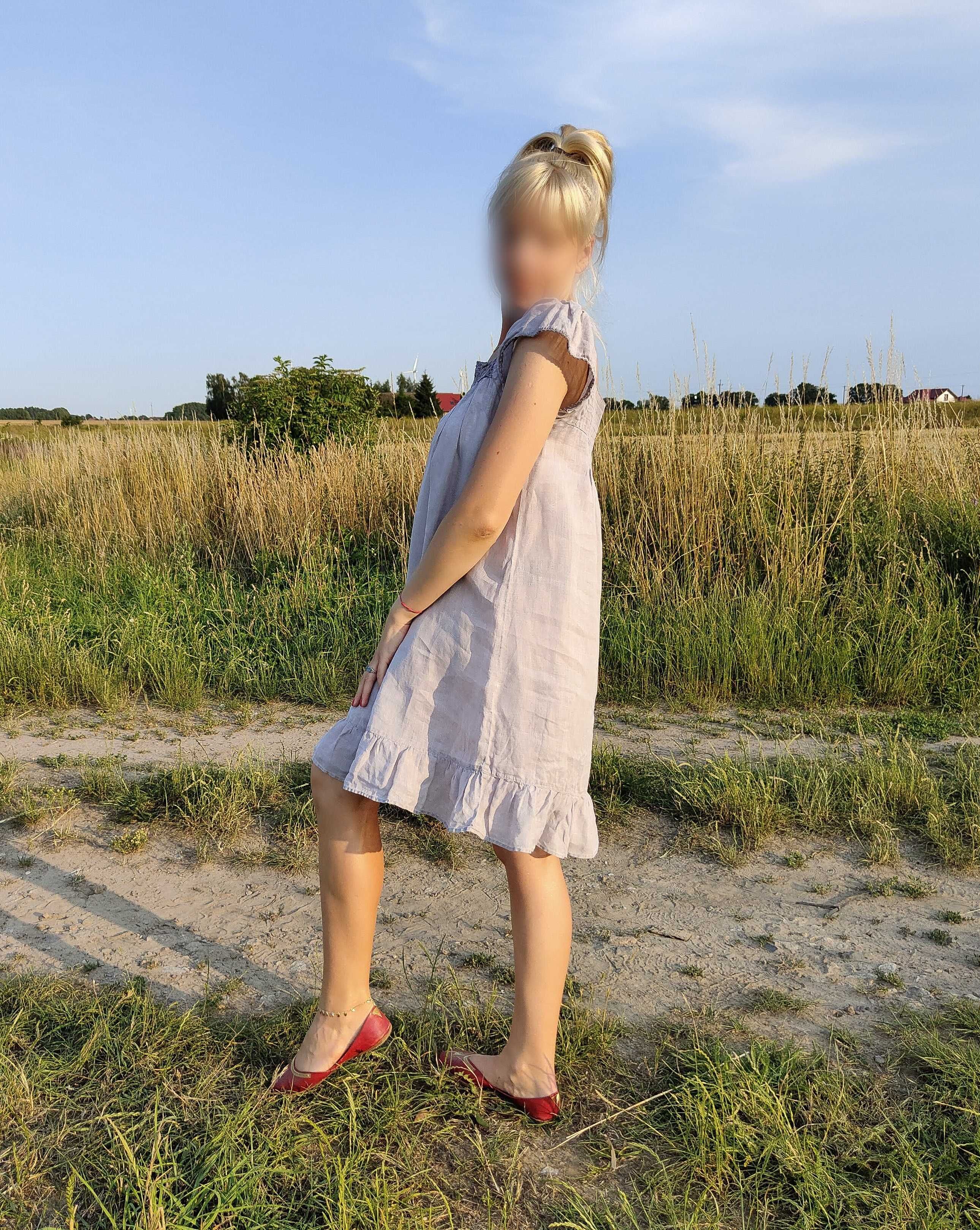 Lniana sukienka Deeday 38 M len szara naturalna baby doll na lato mini