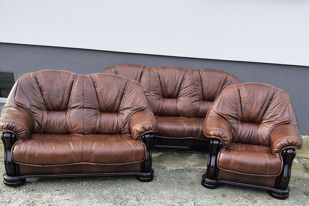 Komplet wypoczynkowy 3-2-1dębowy skóra naturalna