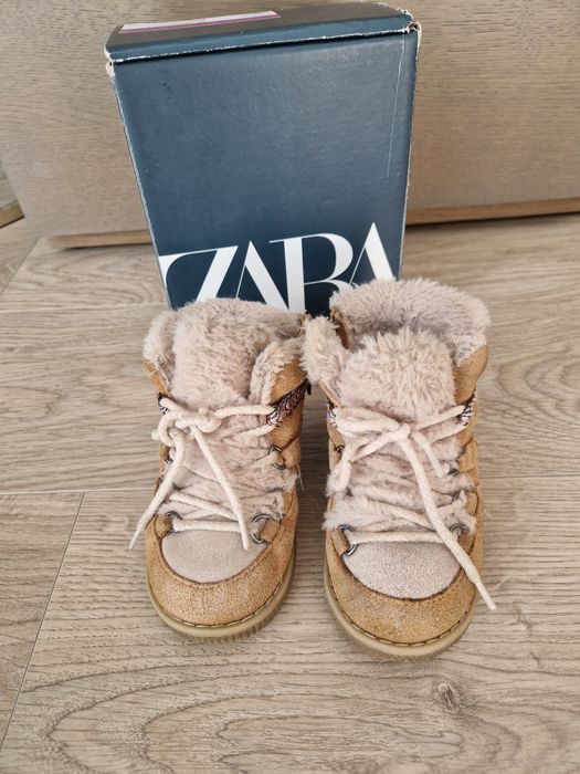 Zara kozaki botki zimowe ocieplane skórzane 24 25 15,5cm beżowe camel