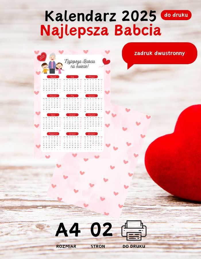 Kalendarz 2025 dla Babci A4 PDF do druku