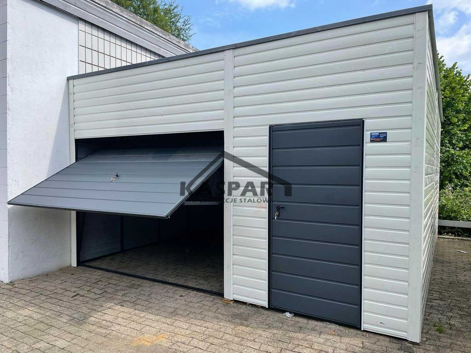 Garaż blaszany 5x6 Brama uchylna + drzwi biały spad w tył  GP120